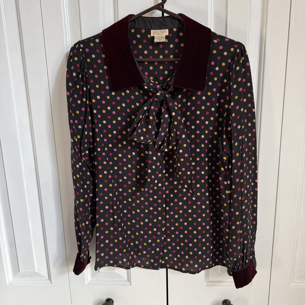 VTG Jean Halm Women's 8 Black Polka Dot 100% Silk Blouse Neck Tie Velvet Accents